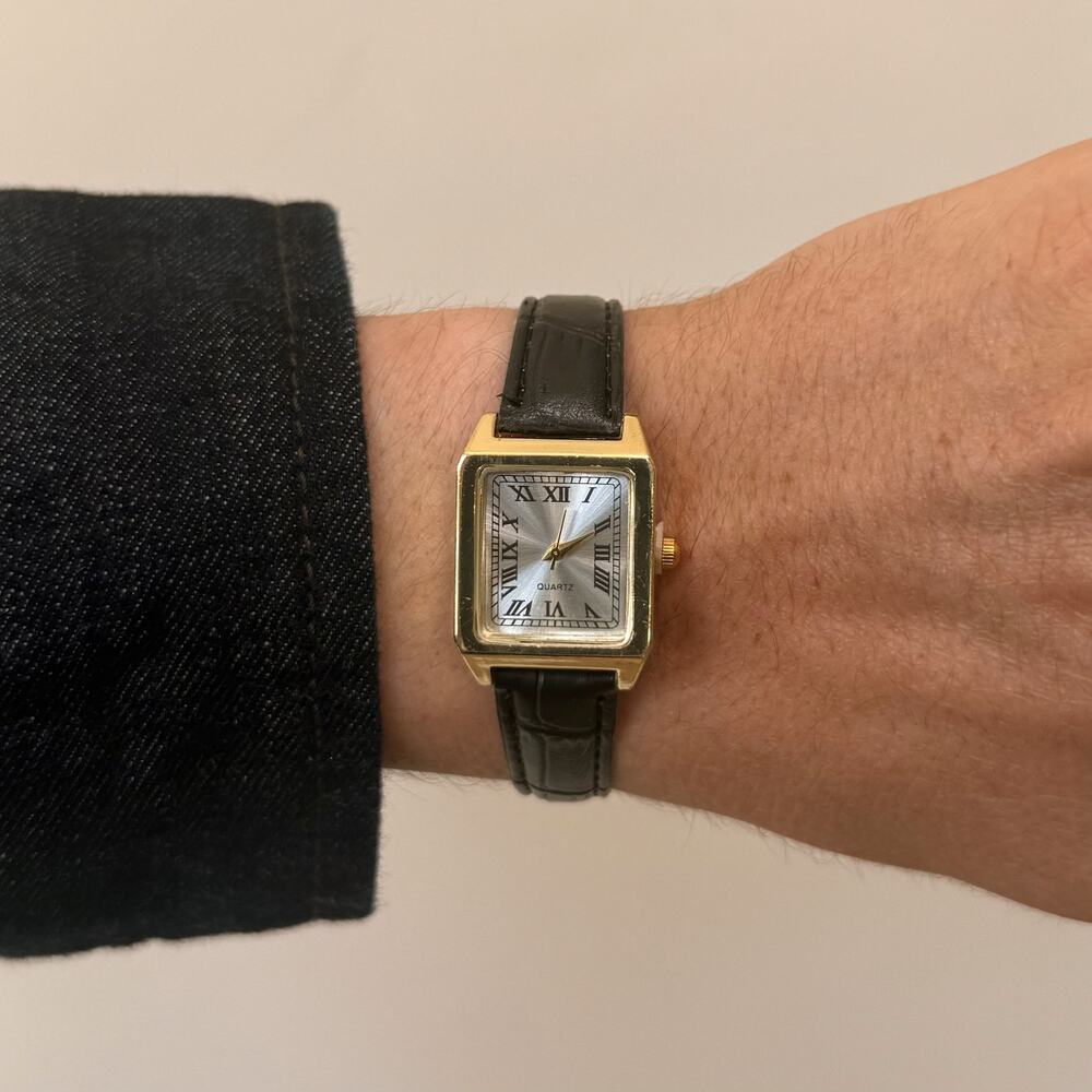 Y2K Gold black Leather Quartz Watch with Roman Numerals Unisex 8.5" New